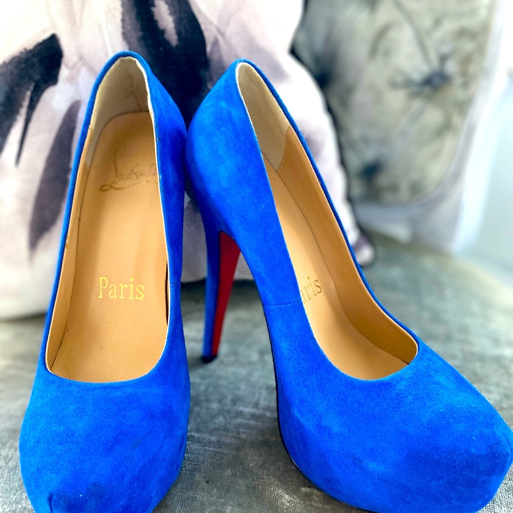 Christian Louboutin Daffodile Blue Suede Platform Pumps